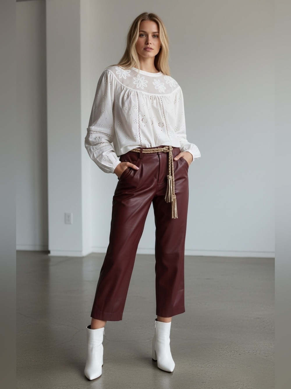 Pilcro The Breaker Cropped Faux Leather Barrel Wide Leg Pants in Wine Size 25